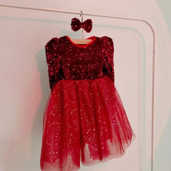 Red Sequins Christmas Dress for Girls Kids Winter Long Sleeve Clothes