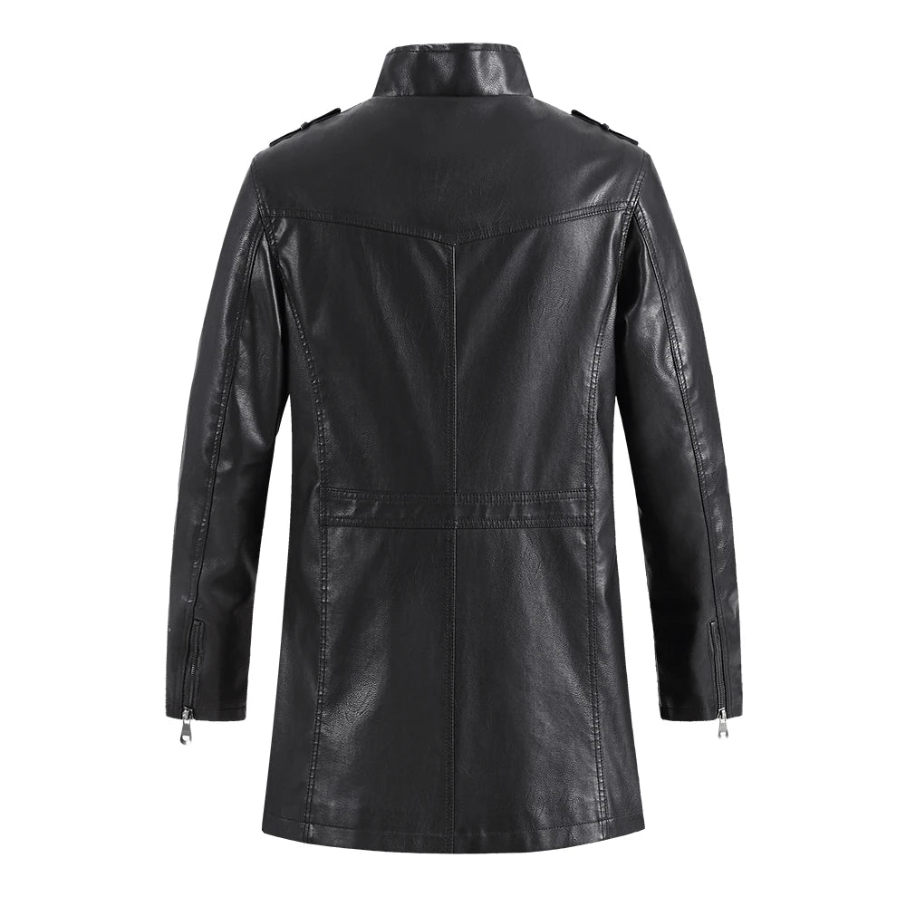 Winter Long PU Leather Jackets Men Stand Collar Windbreaker Faux Outerwear