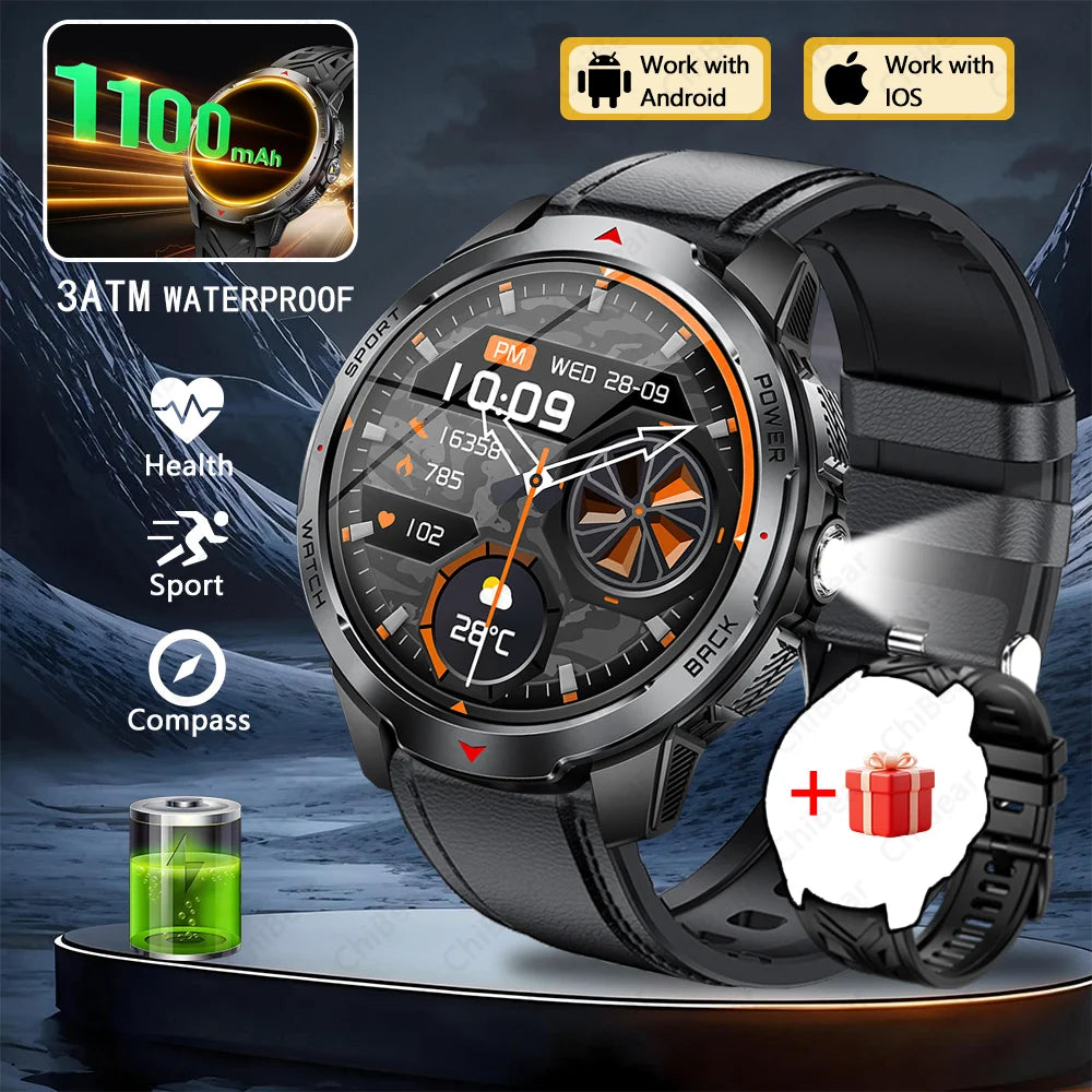 1100mAh Military Outdoor Smart Watch Men 1.7-inch Large Display Compass Sports Watch IP68 Waterproof Bluetooth Call Smartwatch