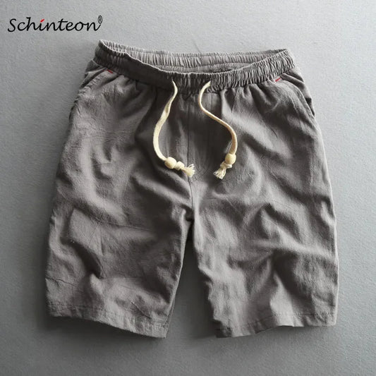 Schinteon Summer Men Casual Cotton Linen Shorts Knee Length Beach Elastic Waist Shorts Solid Color Comfortable Pants New