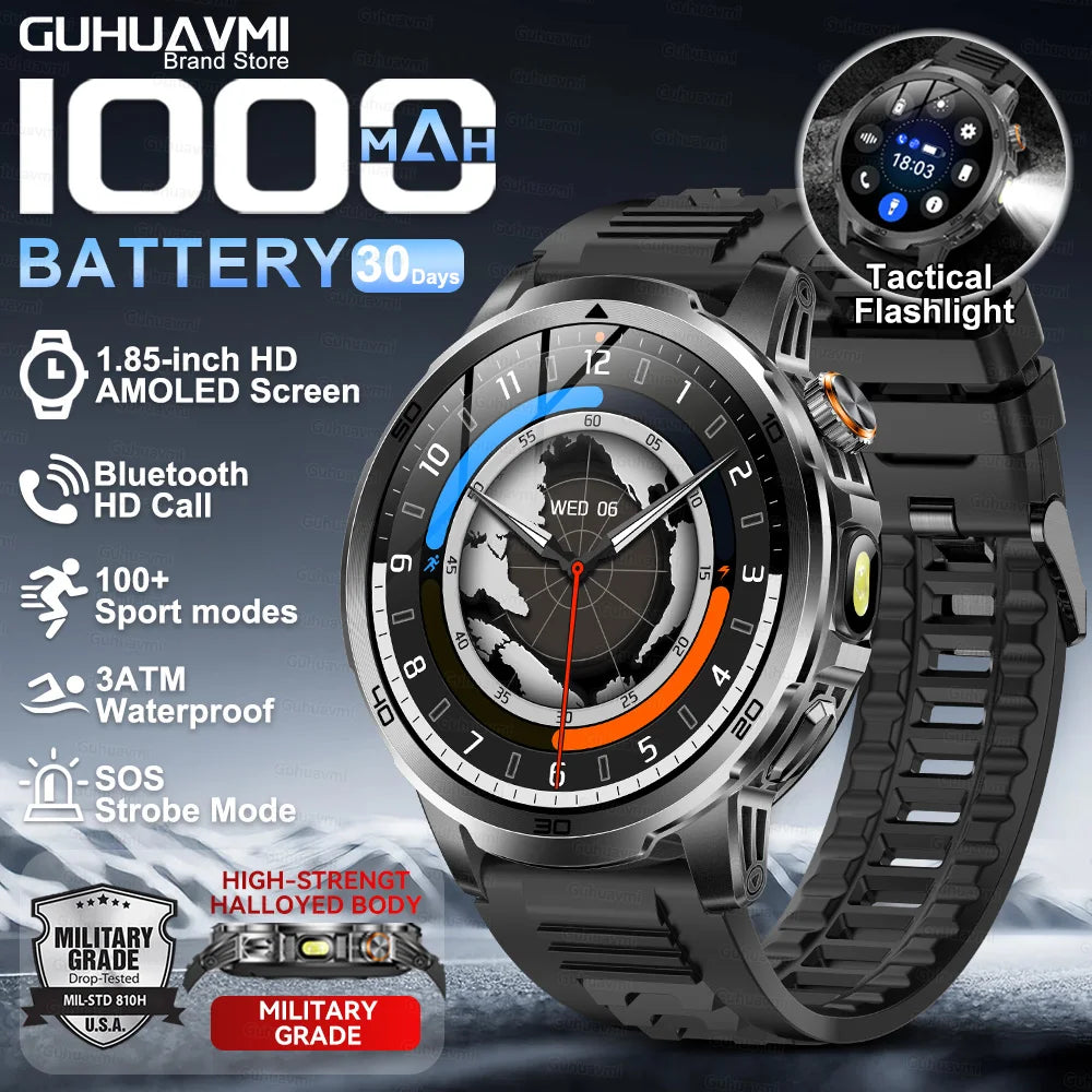 1000mAh Super Large Battery Military Smart Watch BT Call LED Flashlight SOS Alarm 5ATM Waterproof Outdoor Tactical Watches Men