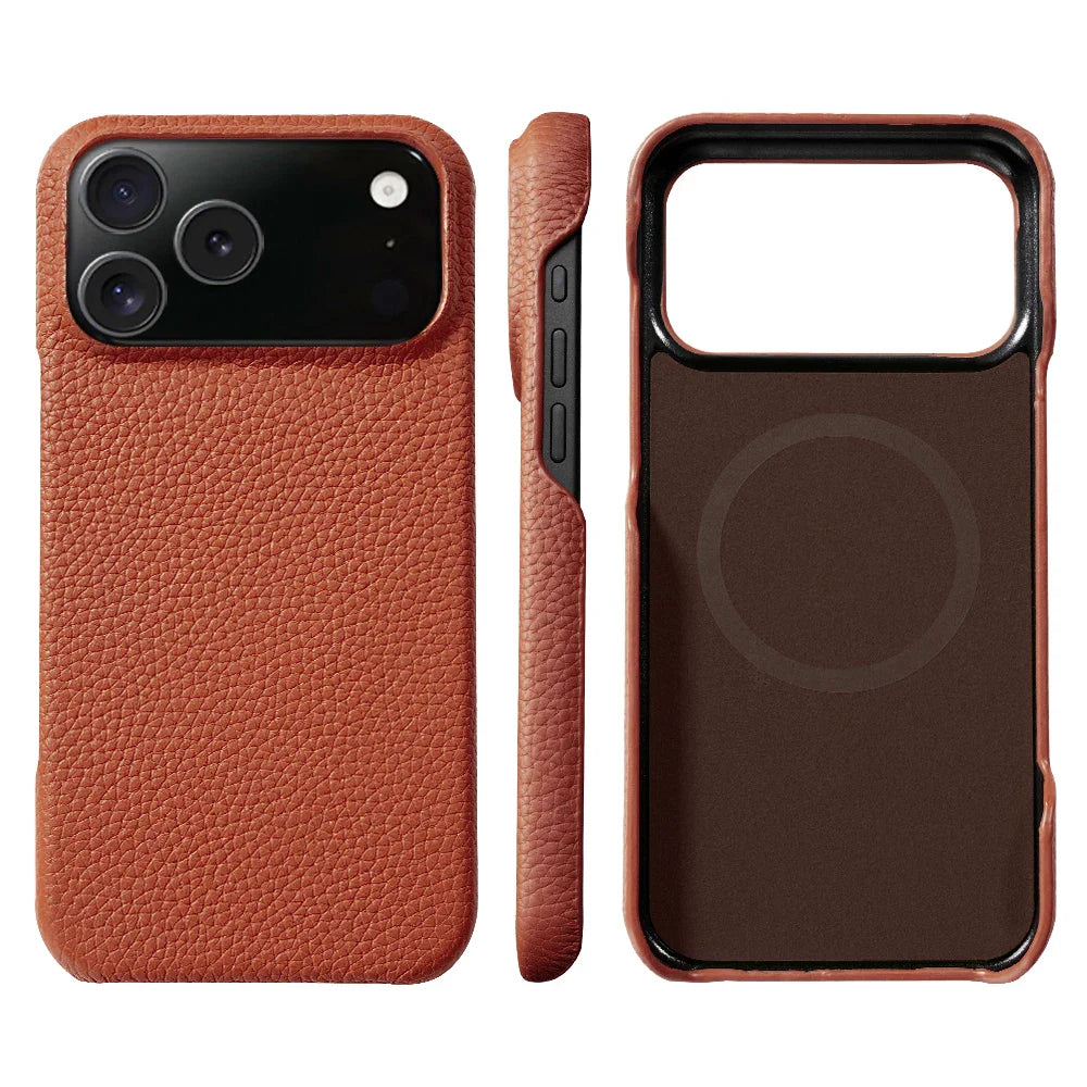 Magsafe Case for iPhone 17 Air 15 16 Pro Max 17Pro Lychee Natural Cowhide Leather Magnetic Protector Luxury Phone Back Cover