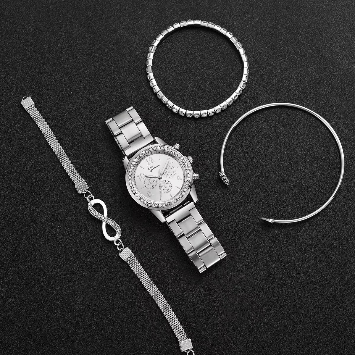 4PCS/Set Women's Watch Fashion Rhinestone Arabic Dial Steel Band Quartz Watches Bracelets Set（Without Box）
