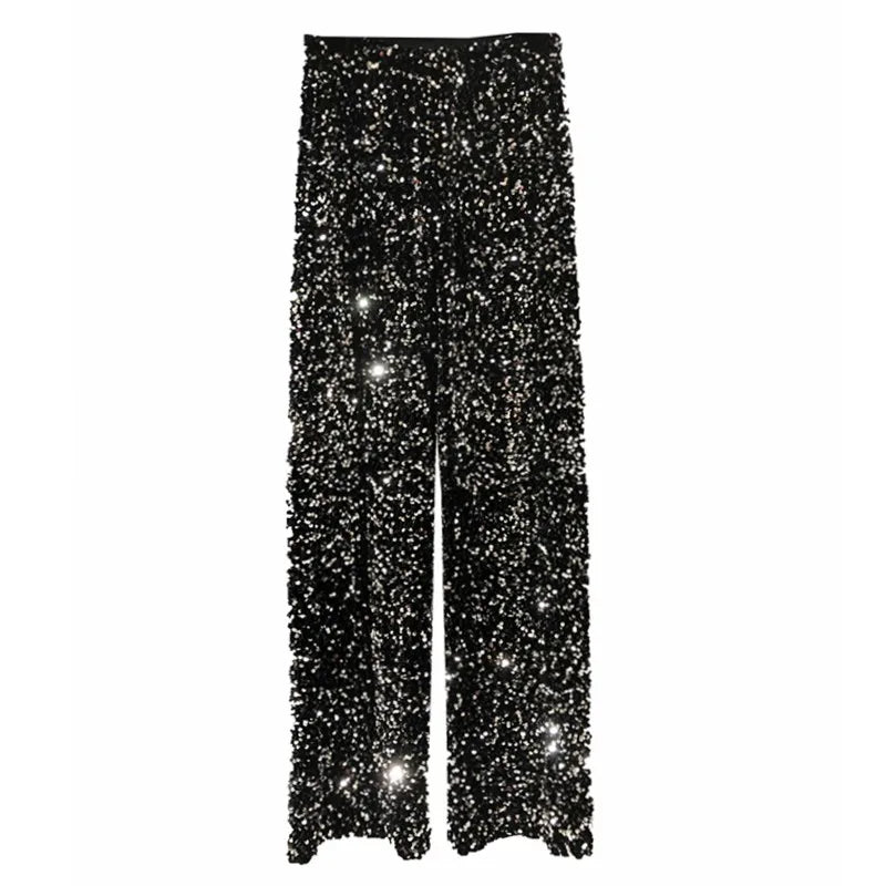 Women's Fashion Trendy Sparkling Gold Pants Relaxation of Tall Waist Wide-legged
