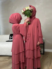 Summer Modest Kaftan Hijab Dresses For Women Kids Open Chiffon Khimar Kimono Abaya Dubai Luxury Muslim Sets Islam Kebaya Damen