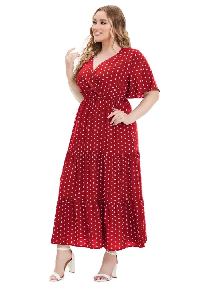 Plus Size Summer Polka Dot Print Long Ruffle Dress Women V-Neck Loose Pleated Casual Fashion Ladies Dresses New Woman Dress