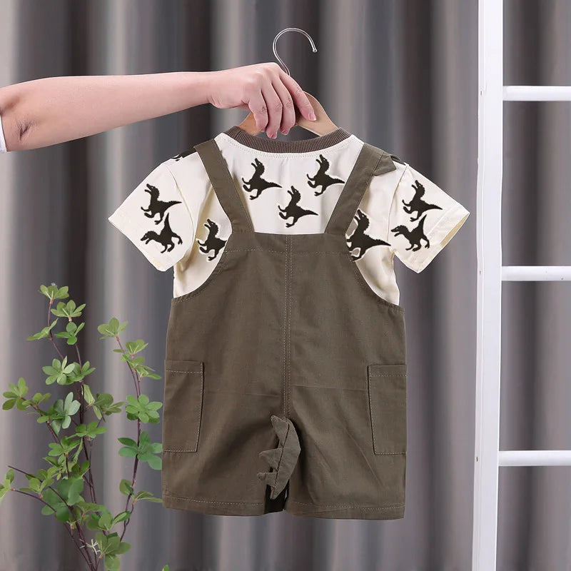 New Summer Baby Boys Clothing Toddler Fashion Infant Children Dinosaur Print Clothes Suits Solid T Shirt Overalls Pants 2Pcs/Set
