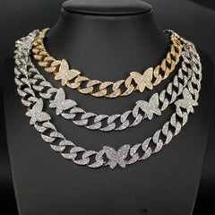 Hip Hop Cuban Chain Necklace Silver Gold Plated Rhinestone Butterfly Necklaces