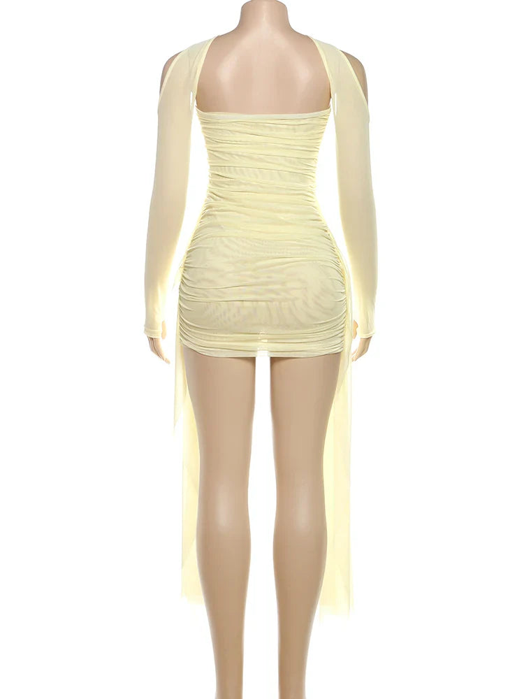 kliou Mesh Simple Women Mini Dress Fashion Solid Strapless Ribbons Tassel Body-shaping Vestidos+Seperately Full Sleeve Gloves