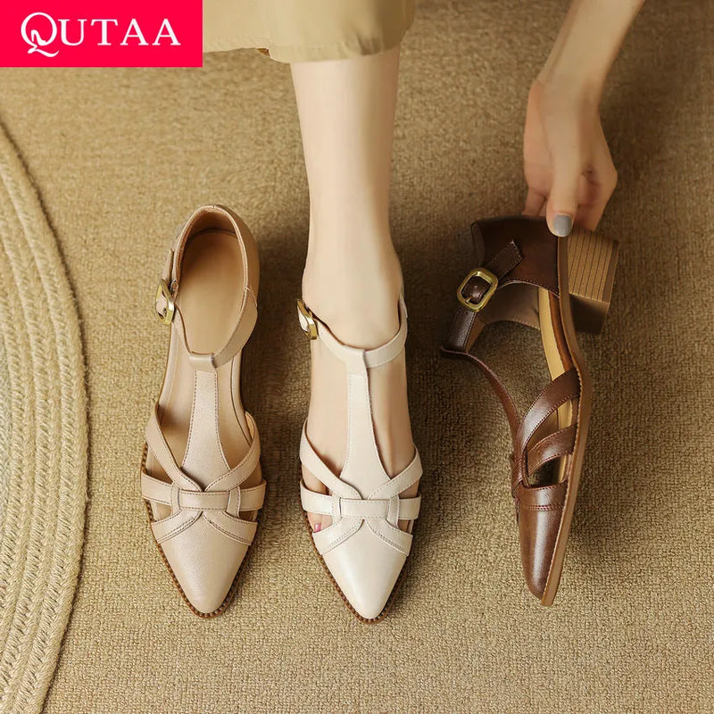 QUTAA 2023  Genuine Leather Women Sandals T-Strap Pumps Office Ladies Party Thick Med Heels Shoes Woman Summer Size 34-41