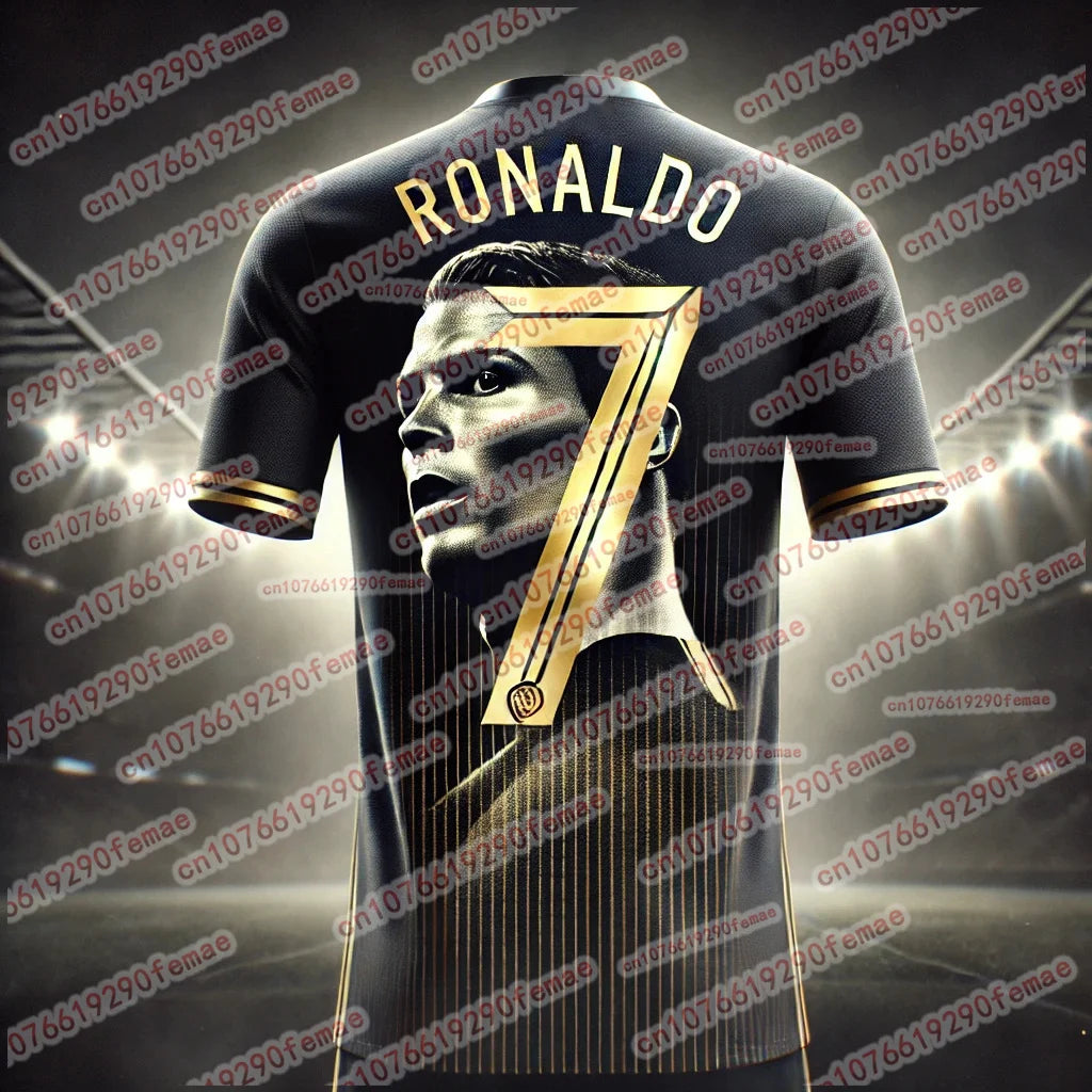 2025 New High end Luxury Cristiano Ronaldo Black Gold Commemorative Edition Sports T-shirt Outdoor Quick drying Through Jersey