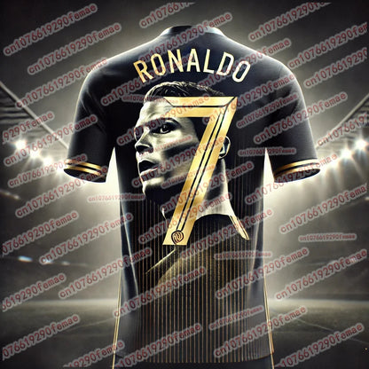 2025 New High end Luxury Cristiano Ronaldo Black Gold Commemorative Edition Sports T-shirt Outdoor Quick drying Through Jersey