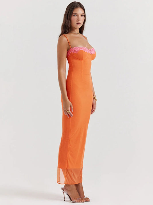 Laxsesu Strapless Lace Dress Spaghetti Strap Backless Orange Mesh Dress