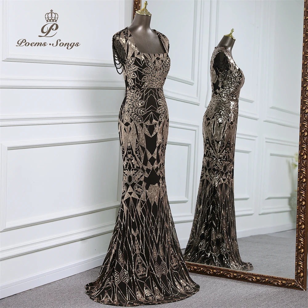 Homecoming Dresses: Long Party Dresses for wedding black and gold sequins Prom Dress