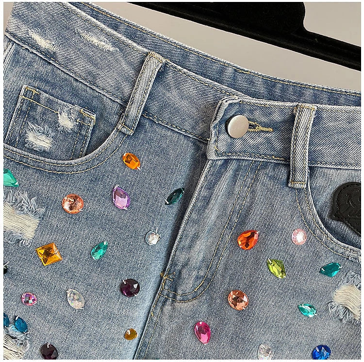 Colorful Diamond Studded Nail Bead Ripped Jeans Blue High Waisted Loose Shorts Shiny Fashionable Versatile Casual Trousers