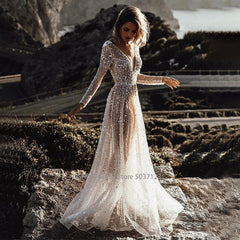 Wedding Dresses Long Sleeves Floor Length Backless Bridal Gowns
