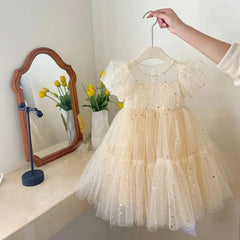 Dresses Girls' Elegant Dress Girl Baby Bubble Sleeve Mesh Sequin Dress