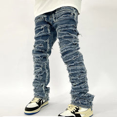 Retro Hole Ripped Distressed Jeans for Men Straight Washed Harajuku Hip Hop