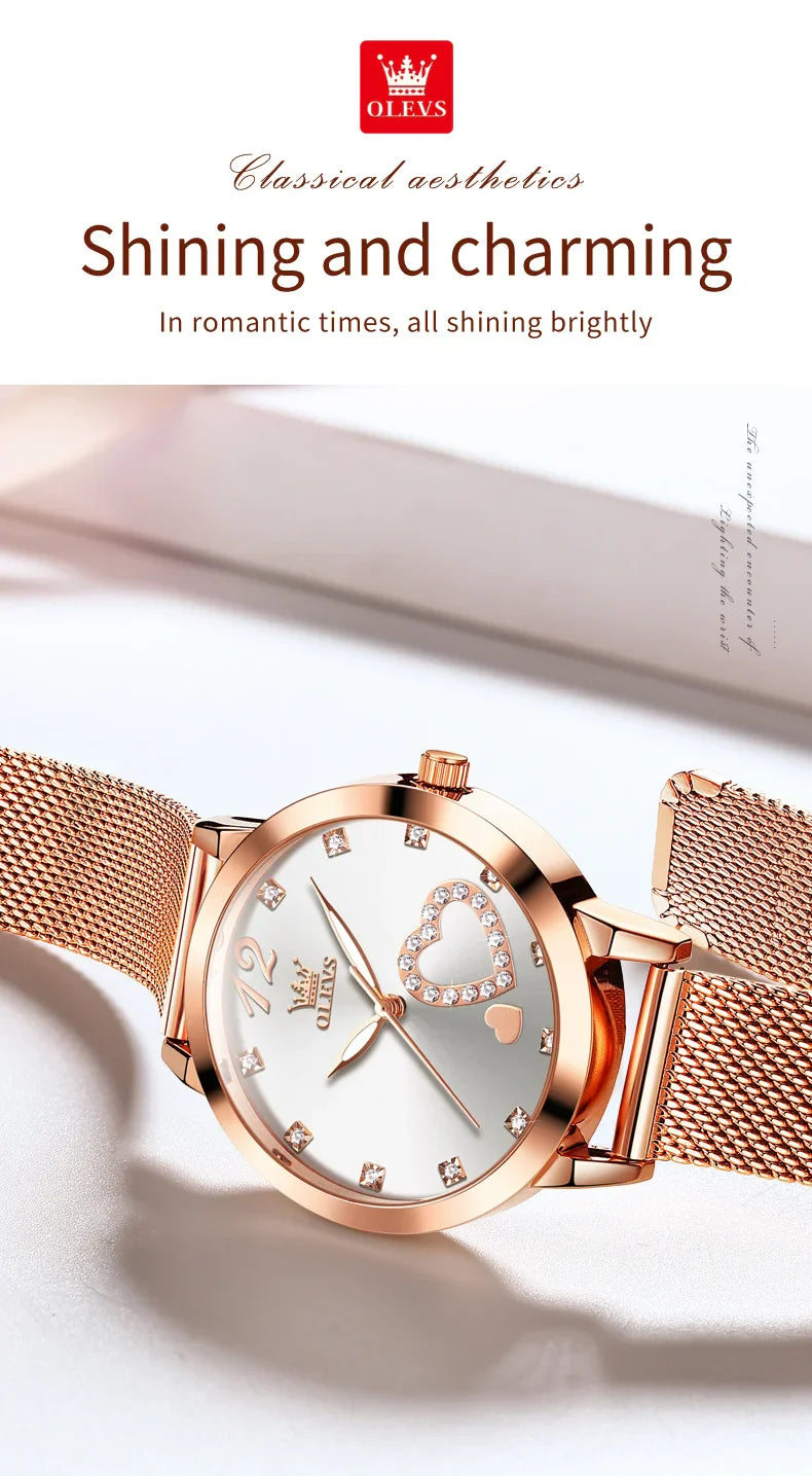 OLEVS 5189 Women's Watch Quartz Wristwatch Casual Fashion Watch for Ladies Waterproof Luminous Mesh Belt Love Dial Zircon Scale