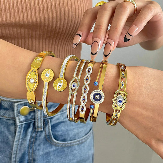 Evil Eye Bracelet Exquisite Stainless Steel Hollow Evil Eye Decorative Charm Bracelet Bangles with Rhinestones
