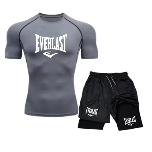 EVERLAST Men's Compress Shirt + 2-in-1 sports shorts 2pcs Set Leisure Breath Short Sleeve Sport Jogging Gym Brand Print Clothing