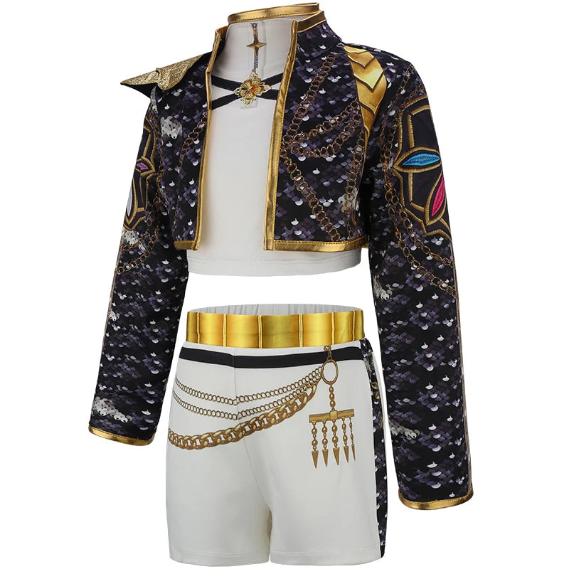 Girls' 3-piece Song Stage Shining Performance Set Halloween Dance Party Cool Girl Korean Casual Clothing Cartoon Pattern Jacket