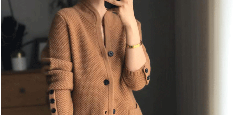 Autumn Winter Thickened 100% Cashmere Wool Cardigan Women Stand Neck