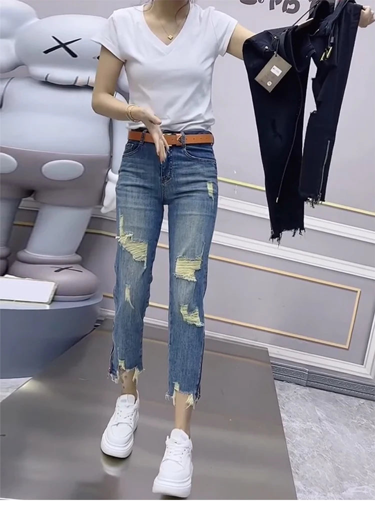 Y2k Big Size Broken Totencel Jeans Women Straight Tube Summer Thin High Waist Fat