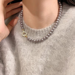 French Elegant Micro Set Zircon Round Buckle Imitation Pearl Beaded Necklace