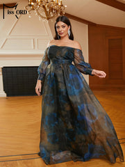 Missord Elegant Tie Dye Plus Size Evening Dresses Women Off Shoulder Long Sleeve