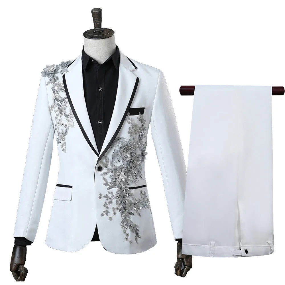 Beach Wedding Outfit Men: Elegant Appliqued Two-piece Men's Suit for Wedding Banquet