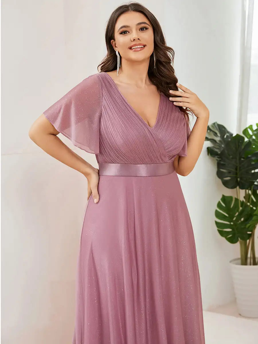 Evening Dresses Ever pretty of Plus Size Deep V Neck Ruffles Sleeve Dress