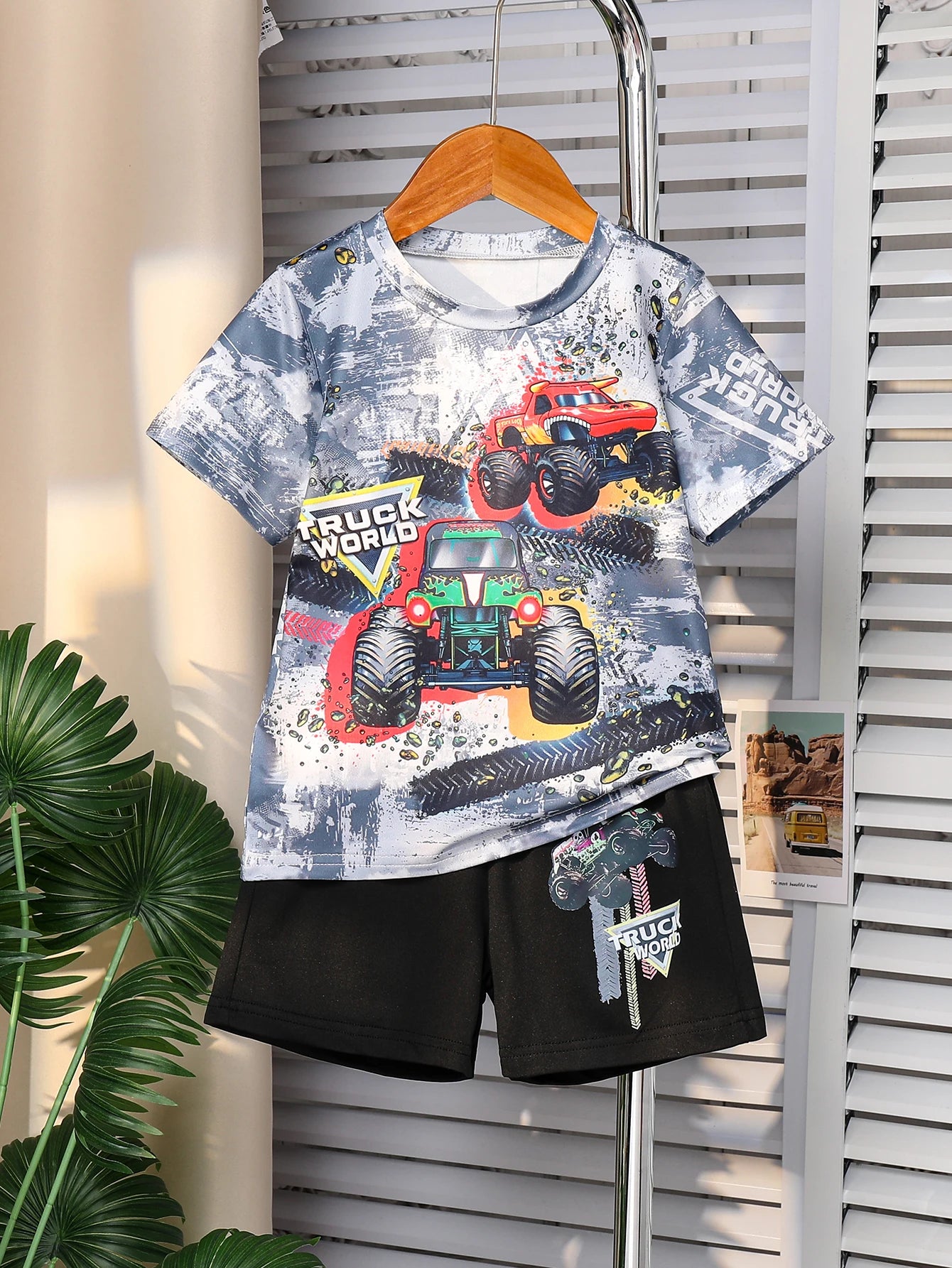 Summer Best-Selling Boys' Off-Road Vehicle Printed Short-Sleeved Shorts Suit with Letters Casual Style