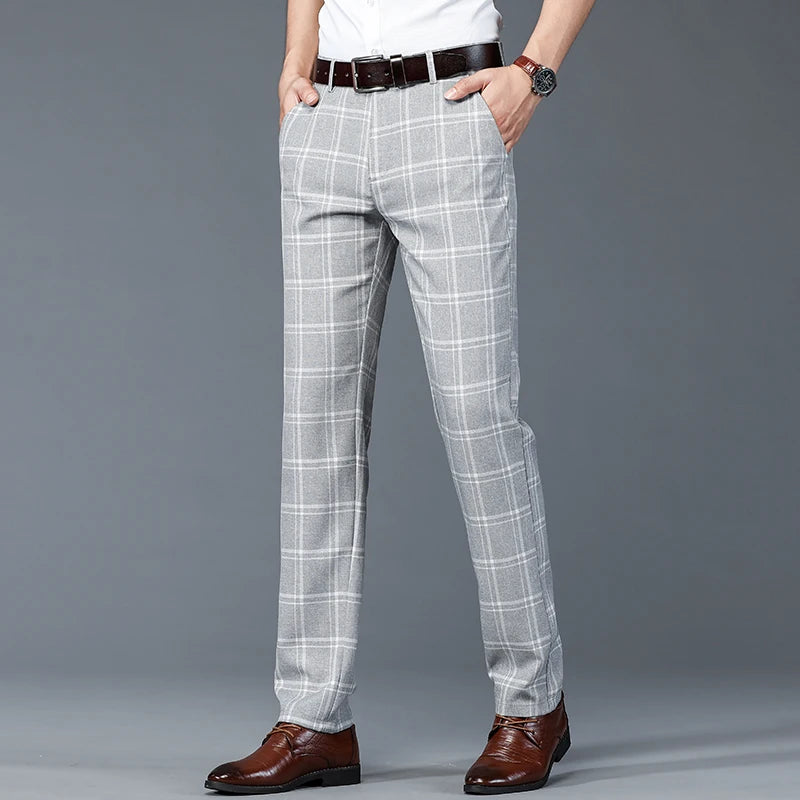 Plaid Work Stretch Pants Men Business Fashion Straight Grey Blue Casual Pant Male