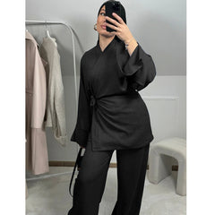 Dubai Plain 2 Piece Abaya Set Tops Pant Modest Muslim Set Abayas For Women