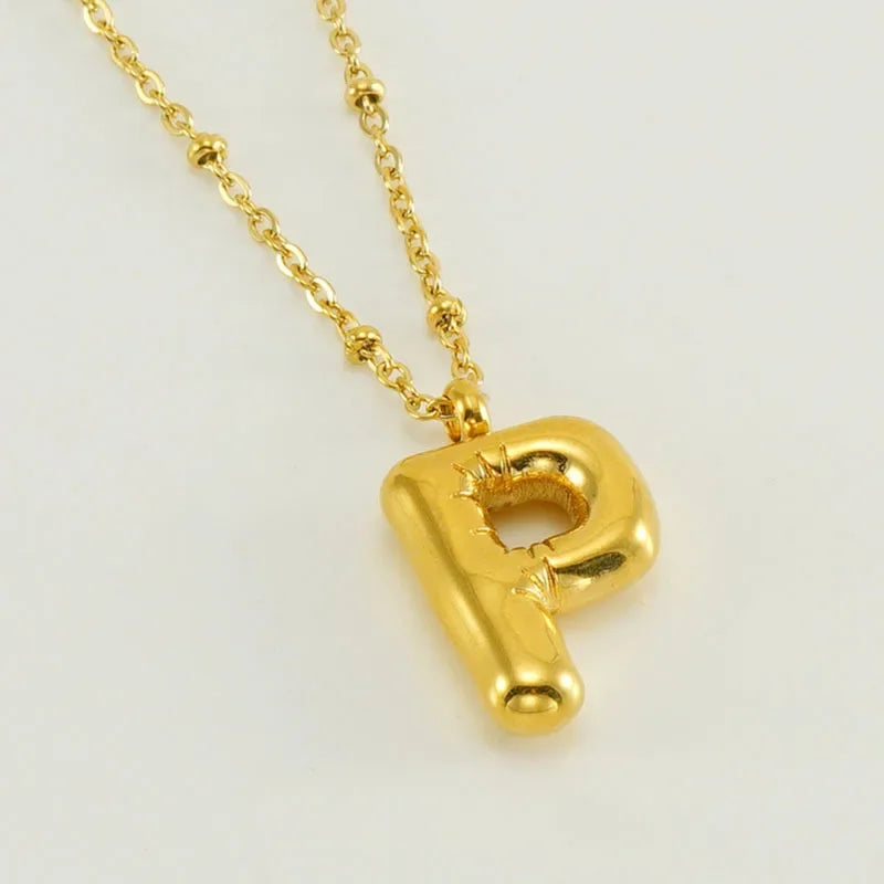 Vintage Stainless Steel Balloon Bubble Chunky Letter Necklace for Women 18K Gold
