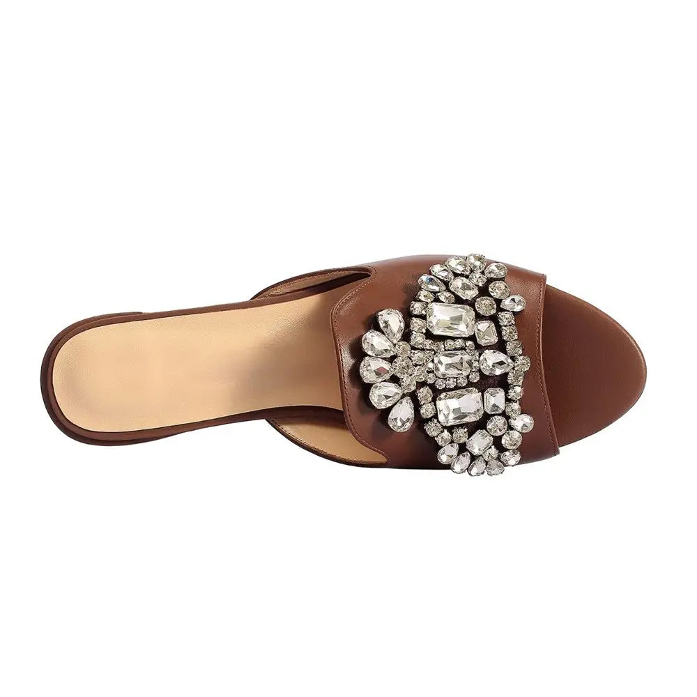 Italy Coffee Rhinestones Women Sandals 2023 Summer Luxury Brand Middle Heel
