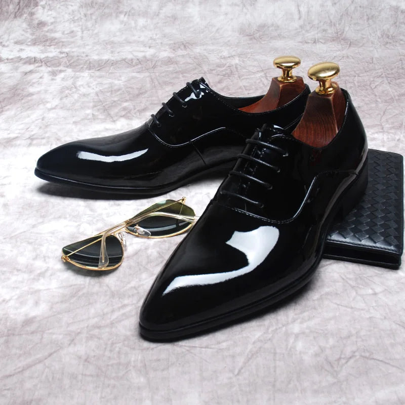 HKDQ Pointed Toe Oxford Men Shoes Genuine Leather Fashion Patent Leather Pointed To Lace Up Formal Business Dress Shoes Wedding