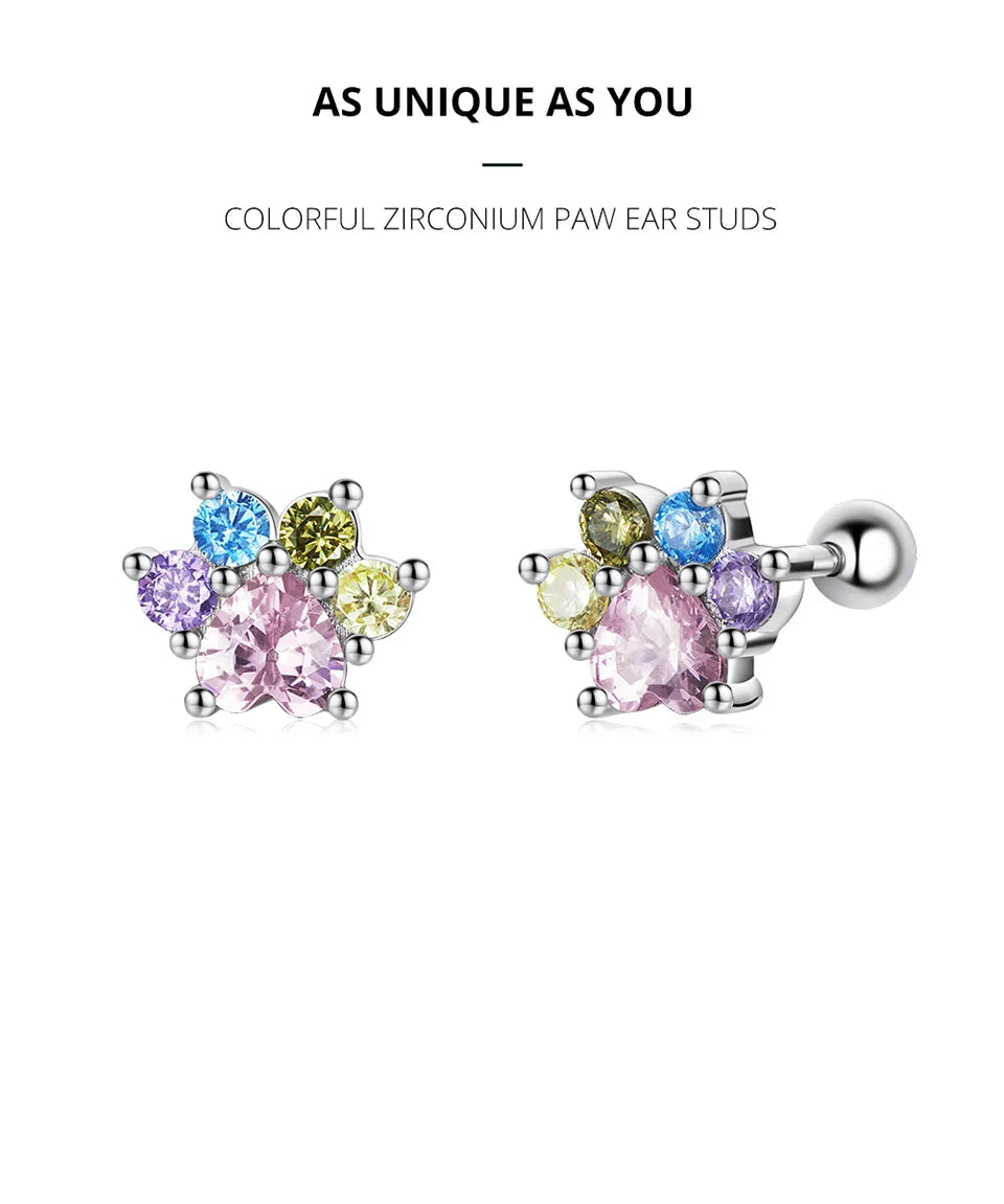 WOSTU 925 Sterling Silver Animals Cute Paws Rainbow Stud Earrings For Women Heart Oval Flower Zircon Crab Ear Studs Jewelry Gift