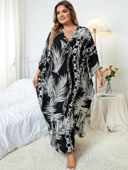 V Neck Long Sleeve Casual Printed Side Split Kaftan Dress For Women Clothing Beach