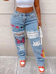 LW Plus Size Butterfly Letter Print Ripped Jeans Women Large Size Denim  Trousers