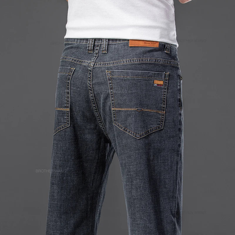 Summer Men's Thin Jeans Baggy Elastic Casual Straight Denim Pants Classic Smoke