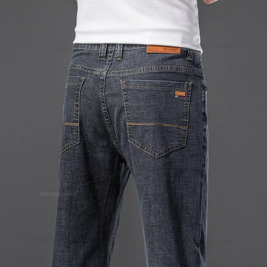 Summer Men's Thin Jeans Baggy Elastic Casual Straight Denim Pants Classic Smoke