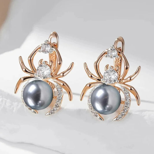 Kinel Hot Gray Pearl Animal jewelry Set for Women Spider Earrings Necklace and Ring 585 Rose Gold Silver Color Mix Retro Jewelry