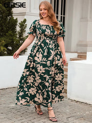 GIBSIE Plus Size Square Neck Floral Print Puff Sleeve Dress Women Summer