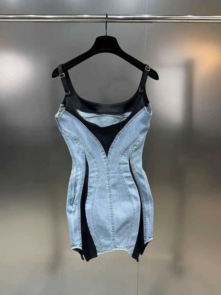 Fashion Women's Patchwork Elastic Denim Sling Dress Spring Trendy Sleeveless