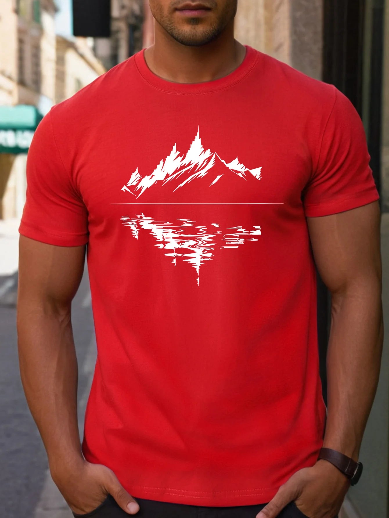 Men's summer 100 pure cotton fashionable casual loose fit plus mountain reflection printed round neck short sleeved T-shirt top