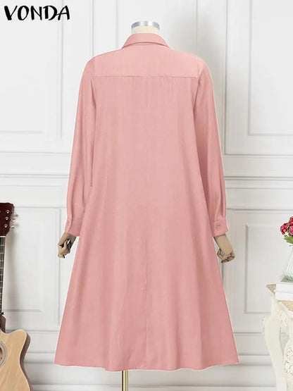 Plus Size 5XL VONDA Women Vintage Shirt Dress 2023 Autumn Denim Long Sleeve Asymmetrical Midi Vestidos Solid Elegant Sundress