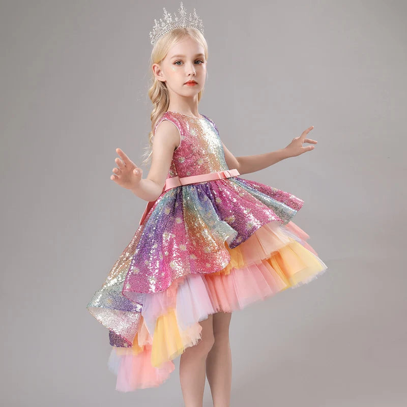 Children's Dress Trailing Princess Spot Pink Girls' June 1 Performance Summer New 2023 Lace Color Matching Mesh