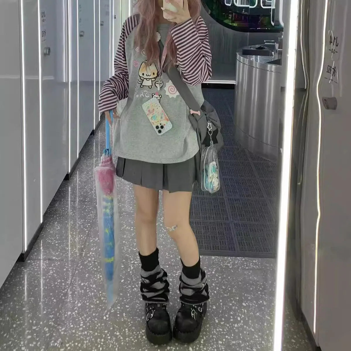 Y2k Harajuku Kawaii Striped Hoodie Women Japanese Fashion Patchwork